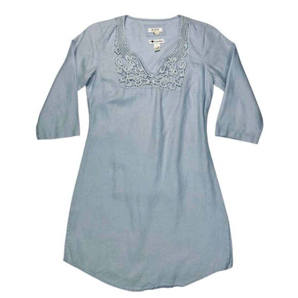 Malvin Crochet Lace V-Neck Linen Tunic Dress Womens S Pastel Blue Coquette Lagen